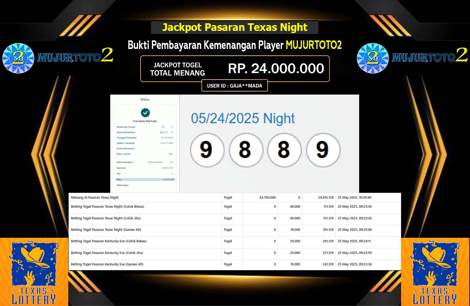 MUJURTOTO2 JACKPOT Pasaran Texas Night Rp.24.000.000,- LUNAS