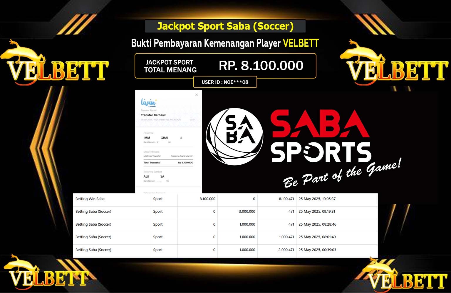 VELBETT JACKPOT SABA SOCCER Rp.8.100.000,- LUNAS