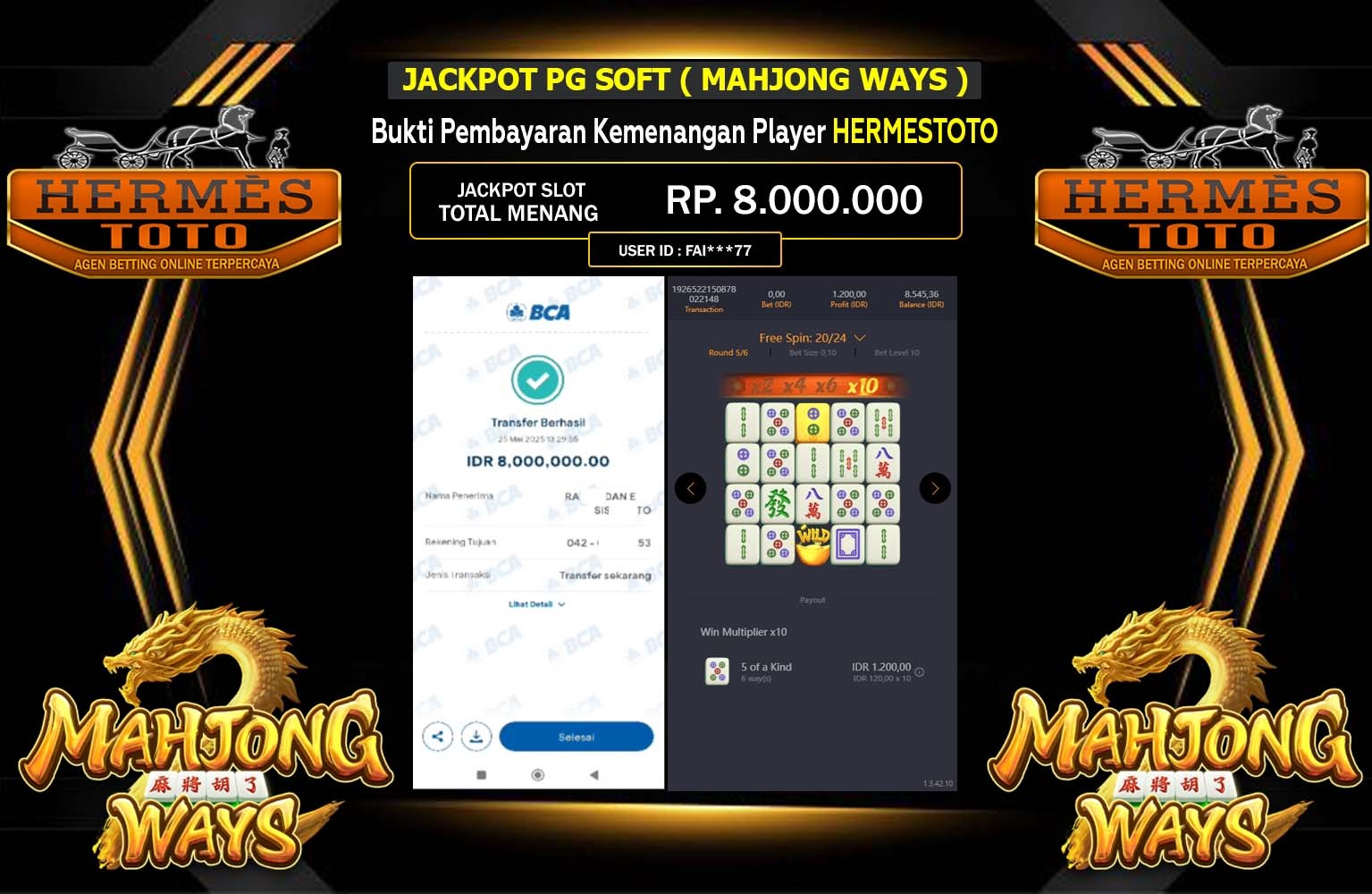 HERMESTOTO JACKPOT PG SOFT MAHJONG WAYS Rp.8.000.000,- LUNAS