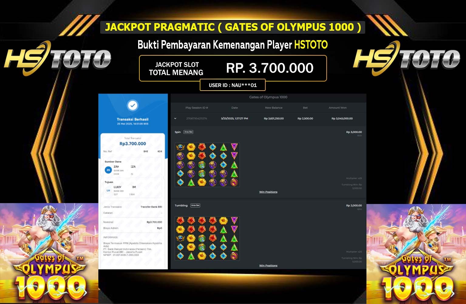 HSTOTO JACKPOT PRAGMATIC GATES OF OLYMPUS 1000 Rp.3.700.000,- LUNAS