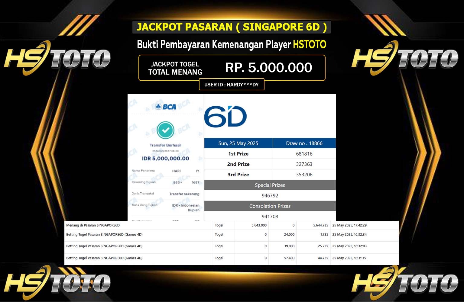 HSTOTO JACKPOT PASARAN SINGAPORE6D Rp.5.000.000,- LUNAS