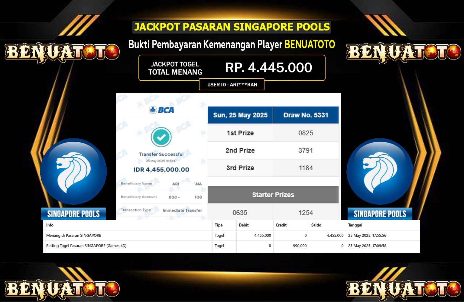 BENUATOTO JACKPOT SINGAPORE POOLS Rp.4.445.000,- LUNAS