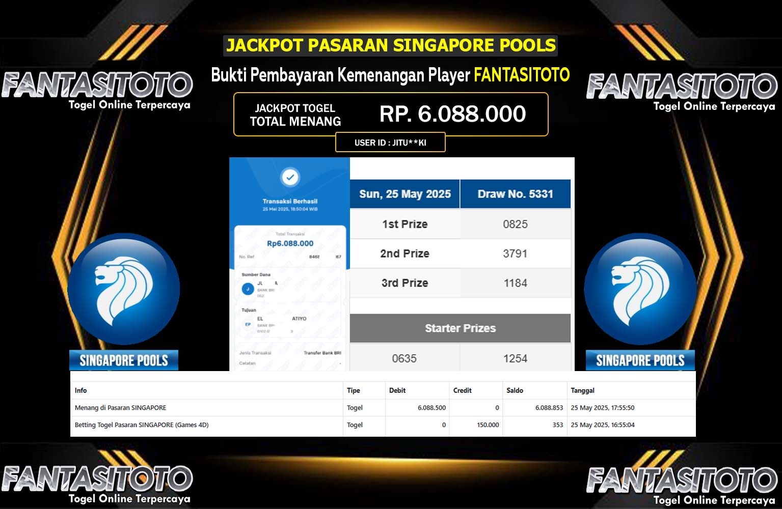 FANTASITOTO JACKPOT SINGAPORE POOLS Rp.6.088.000,- LUNAS