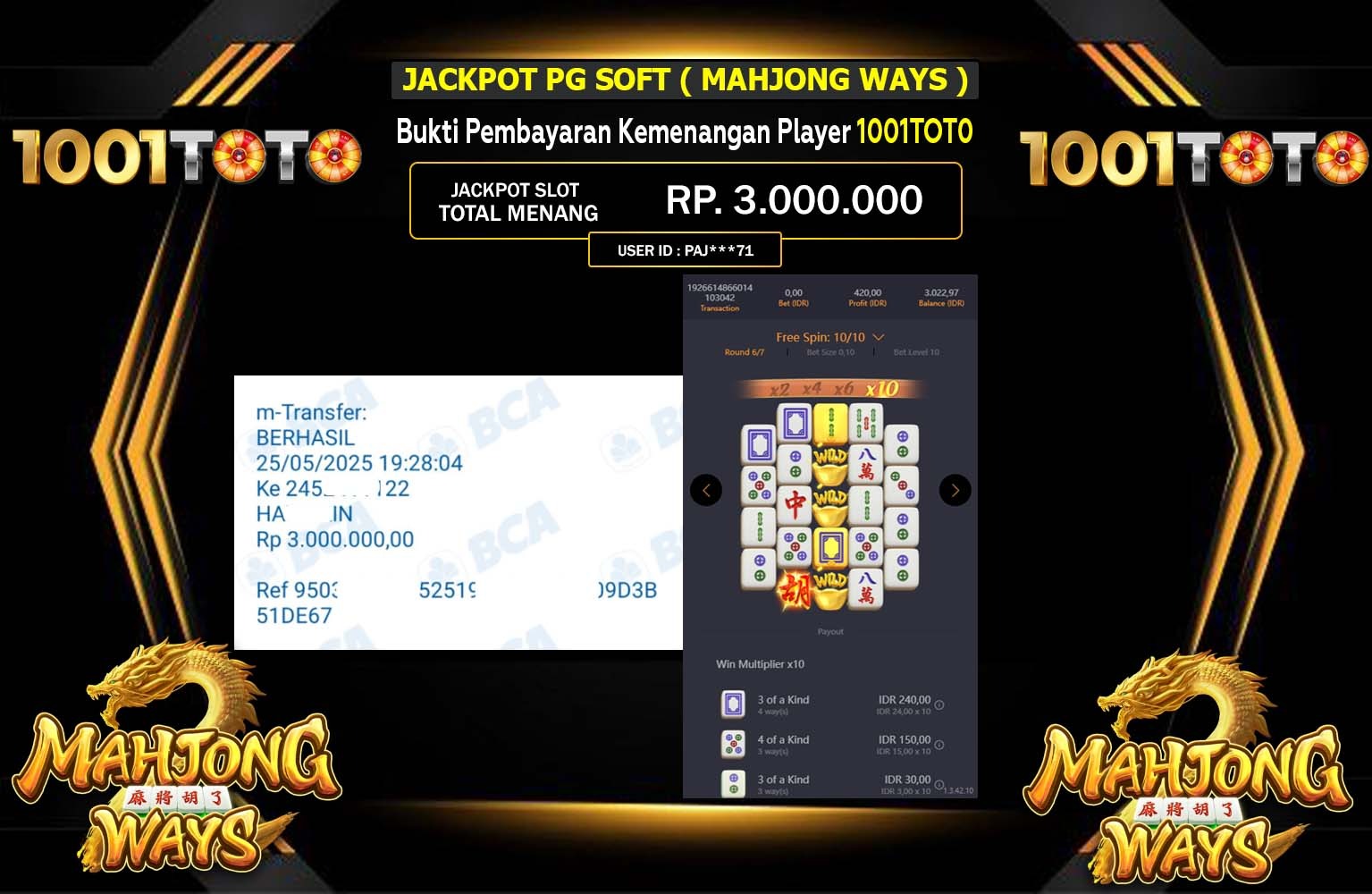 1001TOTO JACKPOT MAHJONG WAYS Rp.3.000.000,- LUNAS