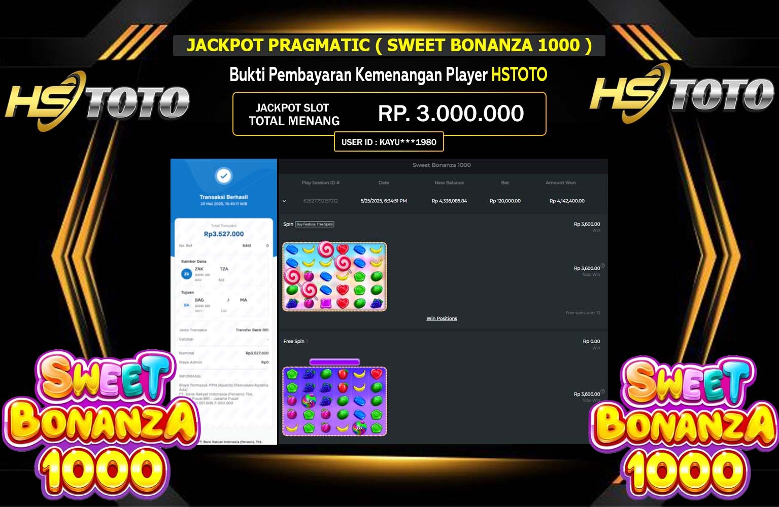 HSTOTO JACKPOT Pragmatic (Sweet Bonanza 1000) Rp.3.000.000,- LUNAS