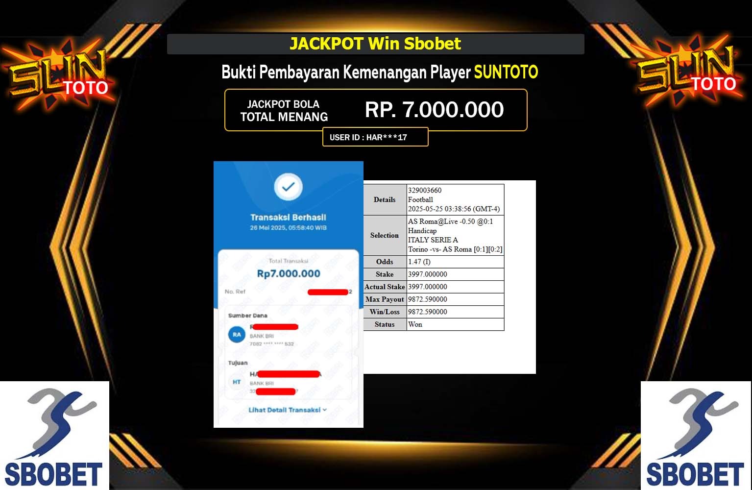 SUNTOTO JACKPOT SBOBET Rp.7.000.000,- LUNAS
