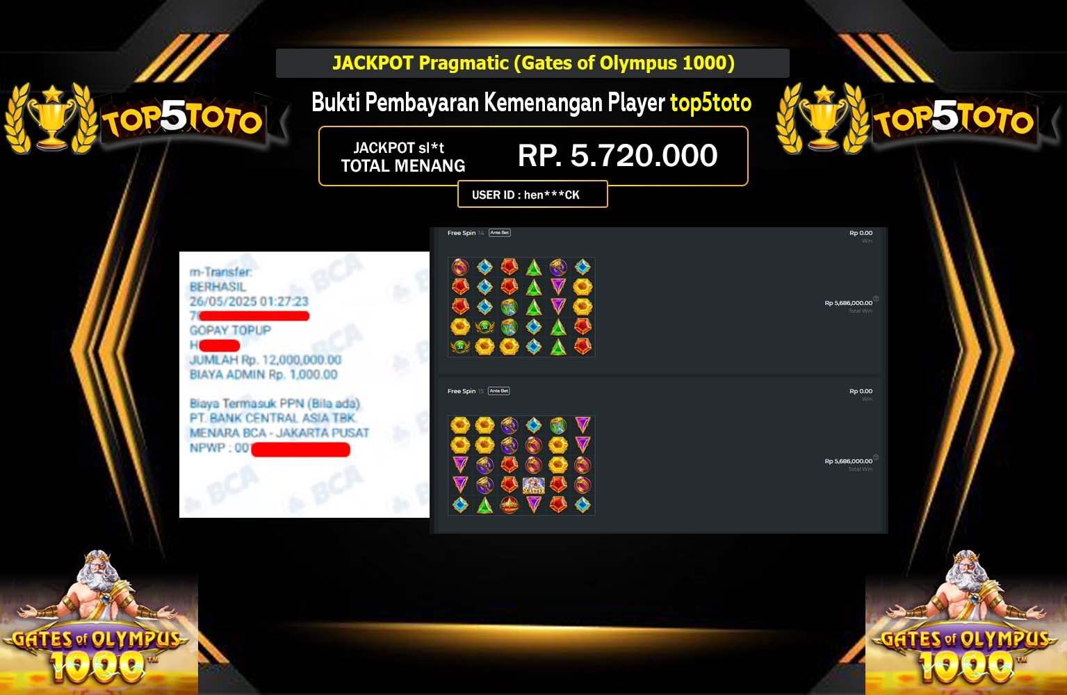 TOP5TOTO JACKPOT Pragmatic (Gates of Olympus 1000) Rp.5.720.000,- LUNAS