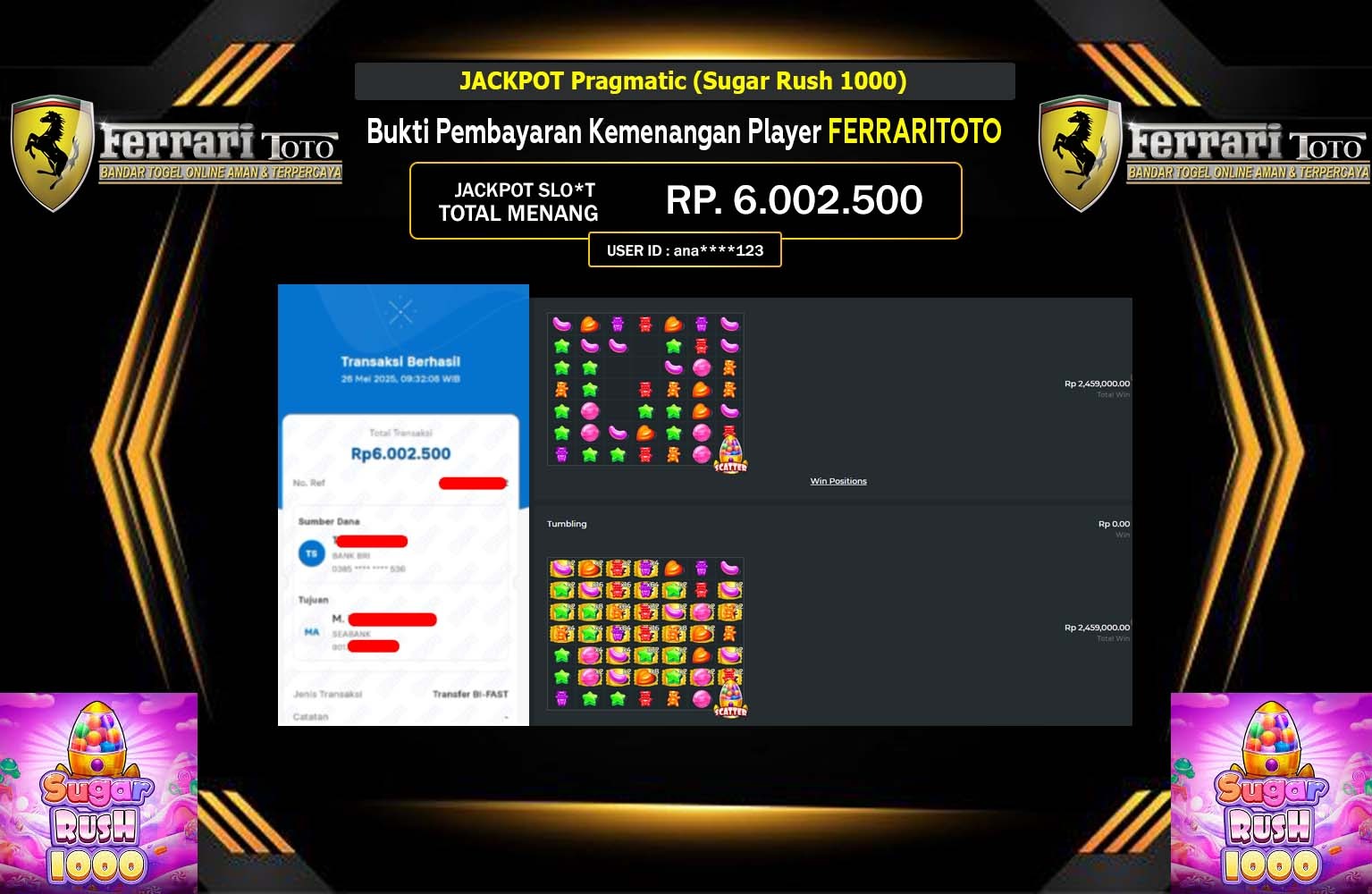 FERRARITOTO JACKPOT Pragmatic (Sugar Rush 1000) Rp.6.002.500,- LUNAS