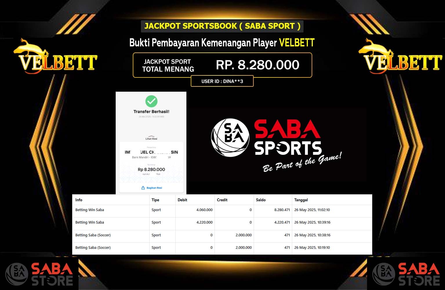 VELBETT JACKPOT SABA SPORT Rp.8.820.000,- LUNAS