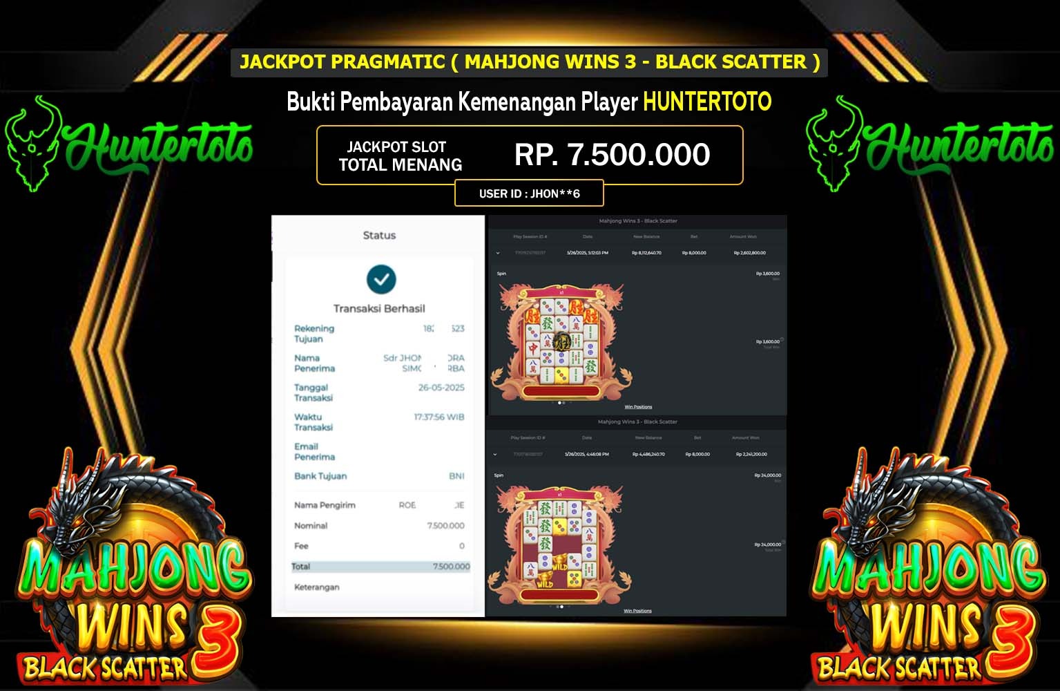 HUNTERTOTO JACKPOT Pragmatic (Mahjong Wins 3 - Black Scatter) Rp.7.500.000,- LUNAS