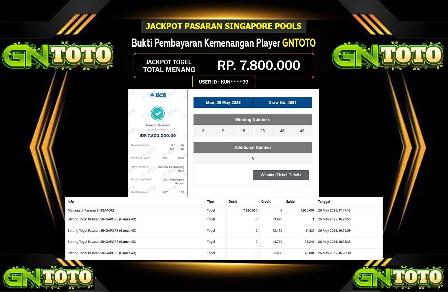 GNTOTO JACKPOT PASARAN SINGAPORE Rp.7.800.000,- LUNAS