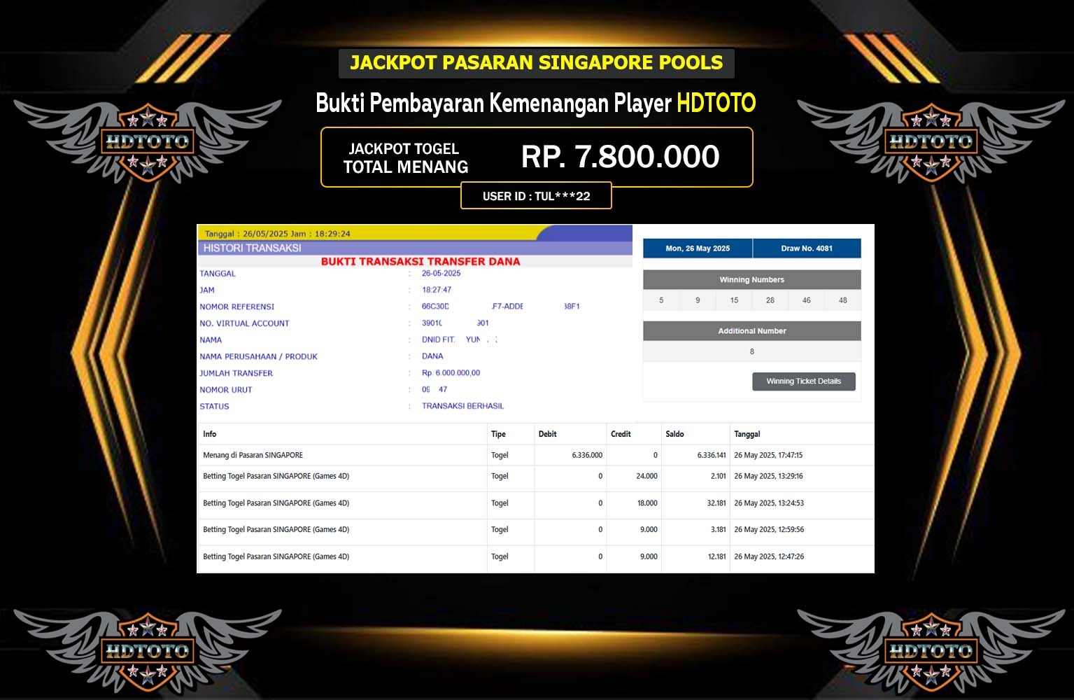 HDTOTO JACKPOT PASARAN SINGAPORE Rp.6.000.000,- LUNAS
