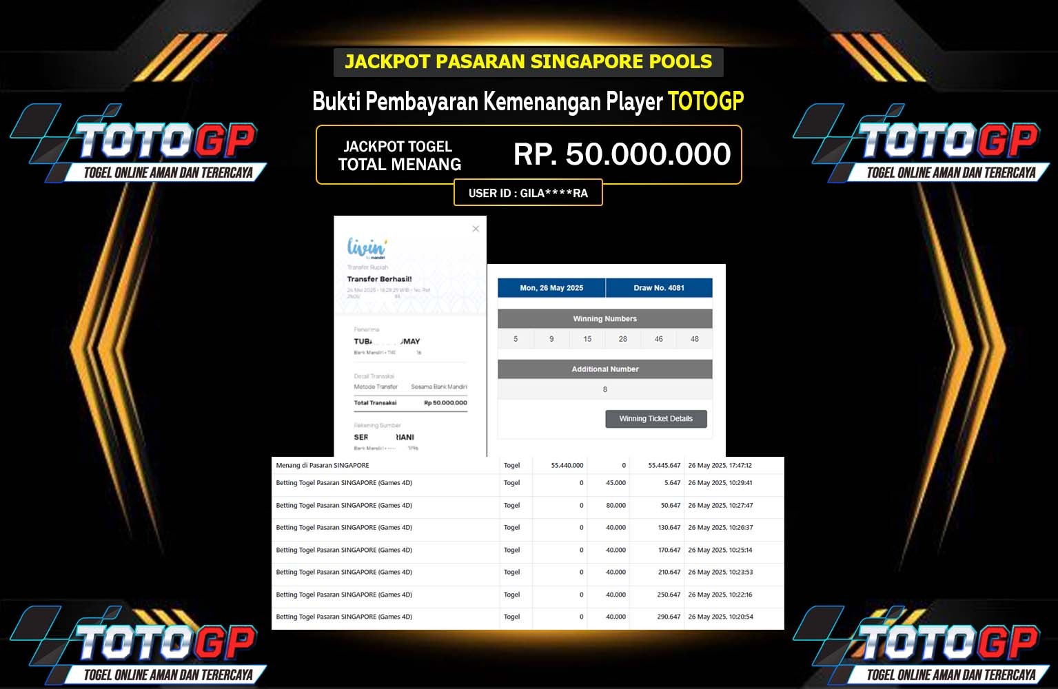 TOTOGP JACKPOT PASARAN SINGAPORE Rp.50.000.000,- LUNAS