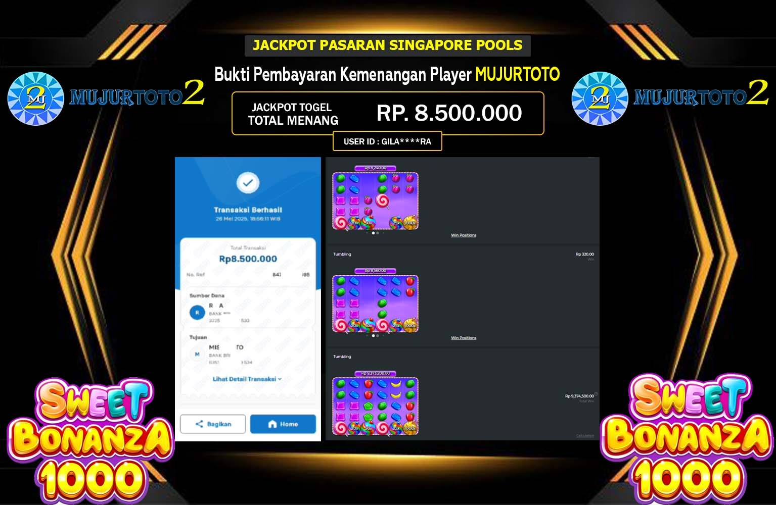 MUJURTOTO2 JACKPOT SWEET BONANZA 1000 Rp.8.500.000,- LUNAS