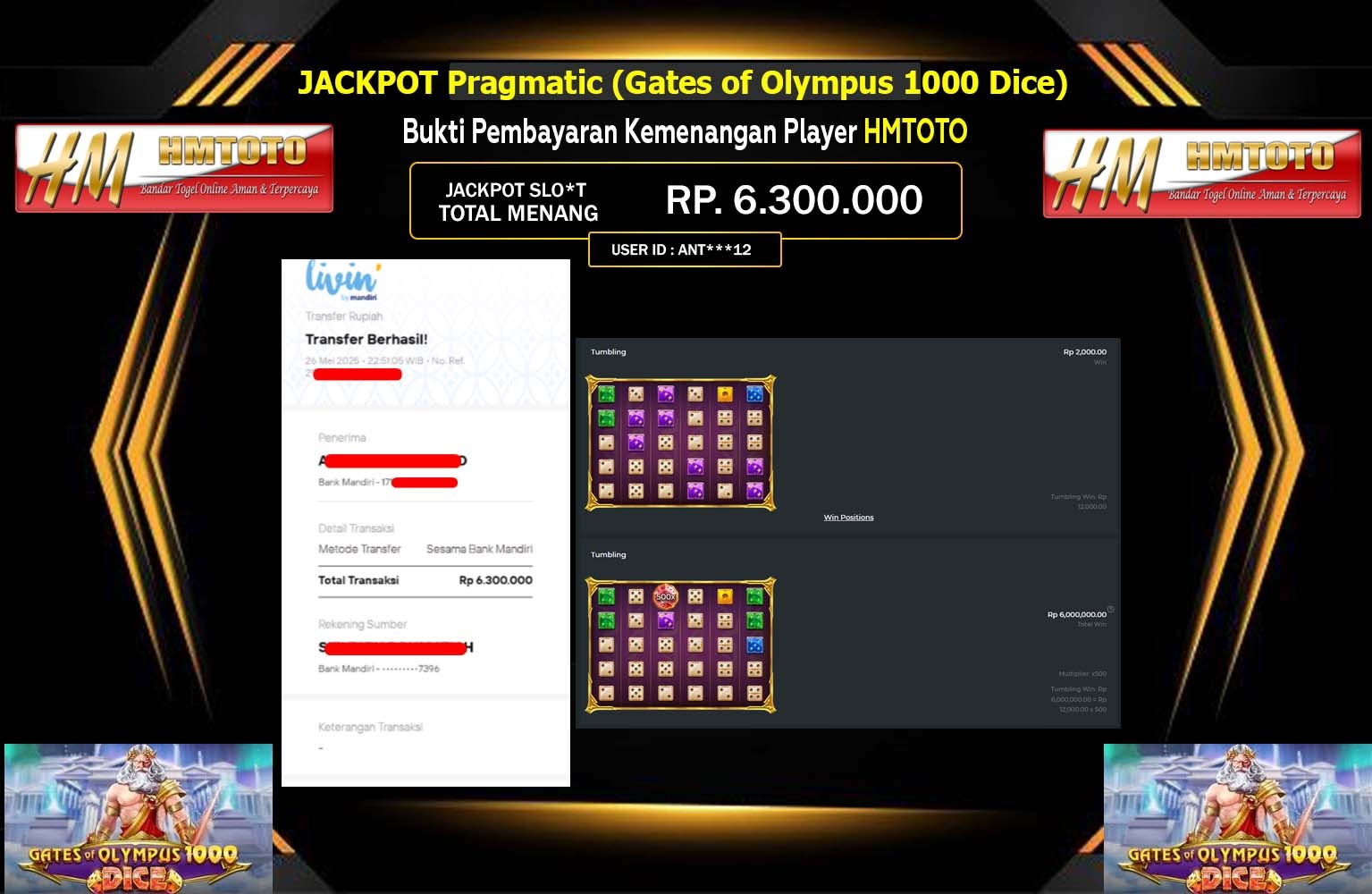 HMTOTO JACKPOT Pragmatic (Gates of Olympus 1000 Dice) Rp.6.300.000,- LUNAS