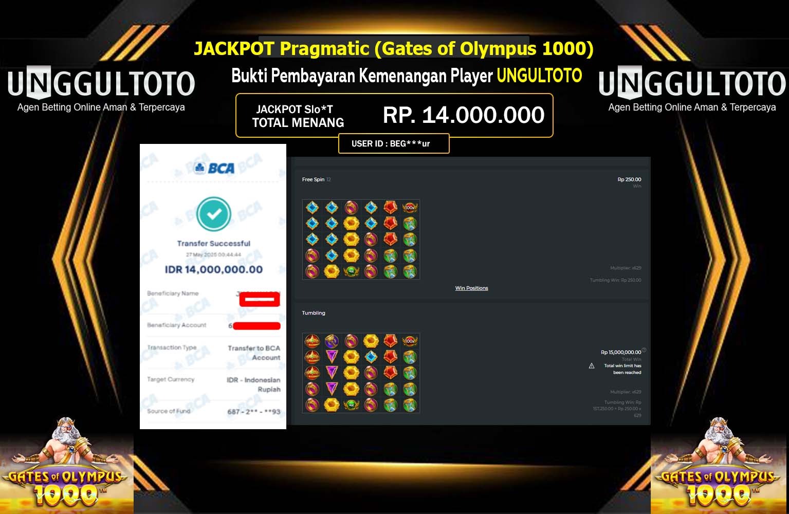 UNGGULTOTO JACKPOT Pragmatic (Gates of Olympus 1000) Rp.14.000.000,- LUNAS