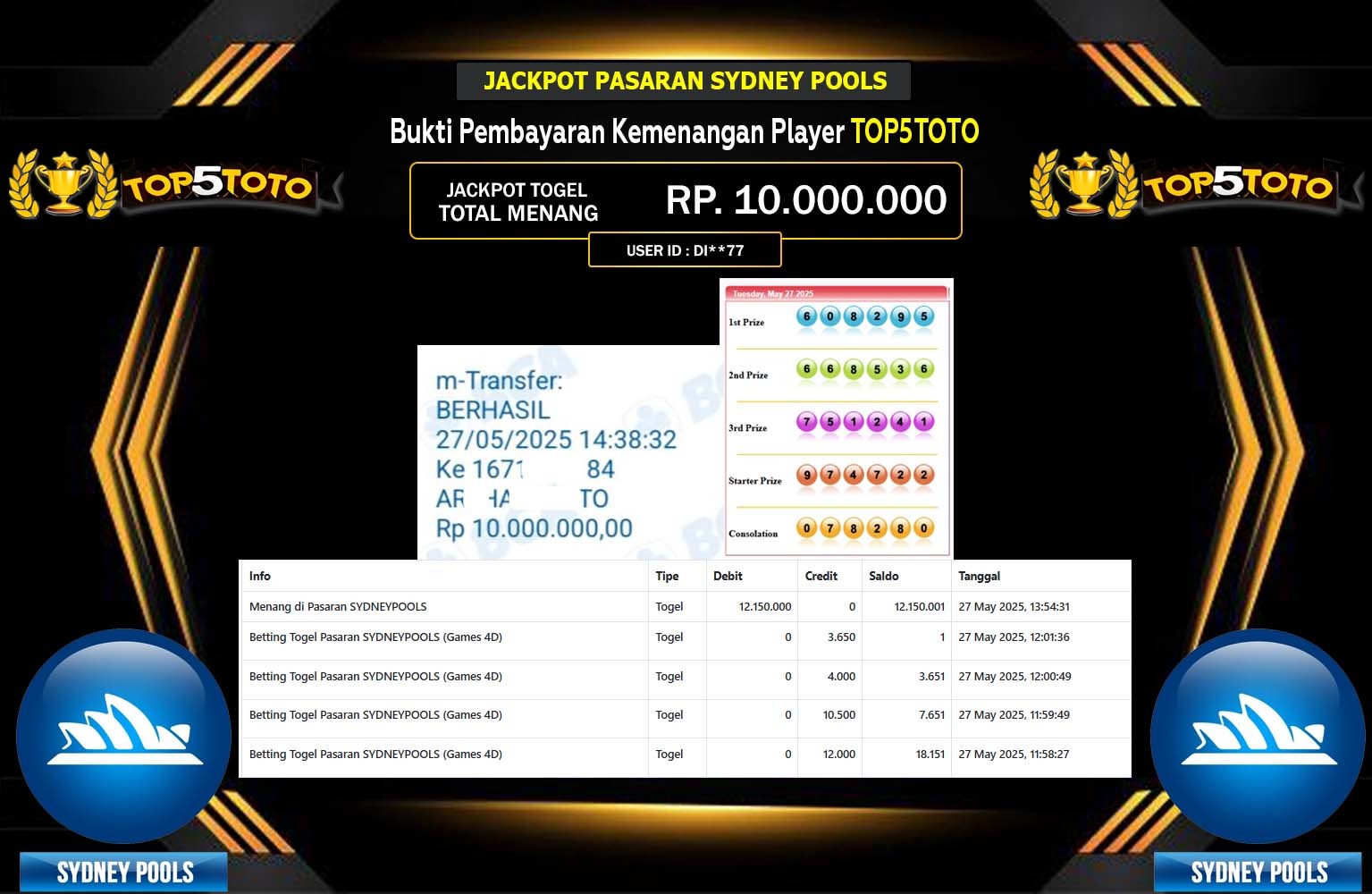 TOPTOTO JACKPOT PASARAN SYDNEY POOLS Rp.10.000.000,- LUNAS