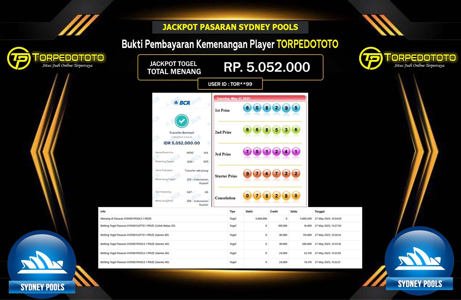 TORPEDOTOTO JACKPOT PASARAN SYDNEY POOLS Rp.5.052.000,- LUNAS