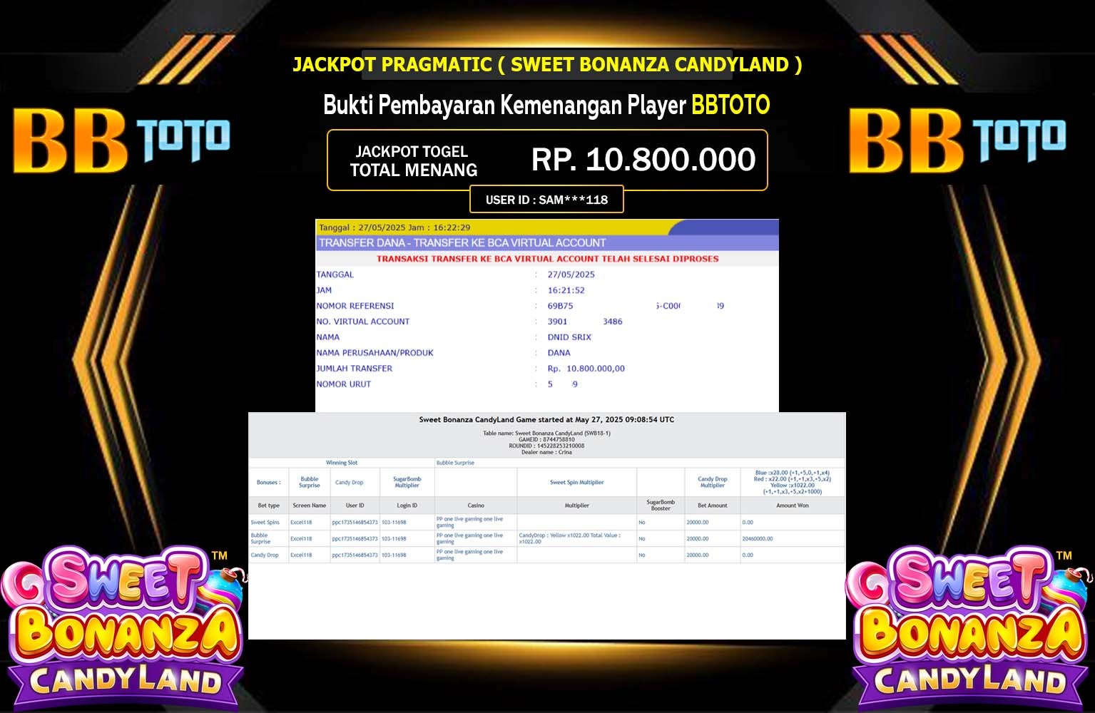 BBTOTO JACKPOT SWEET BONANZA CANDYLAND Rp.10.800.000,- LUNAS