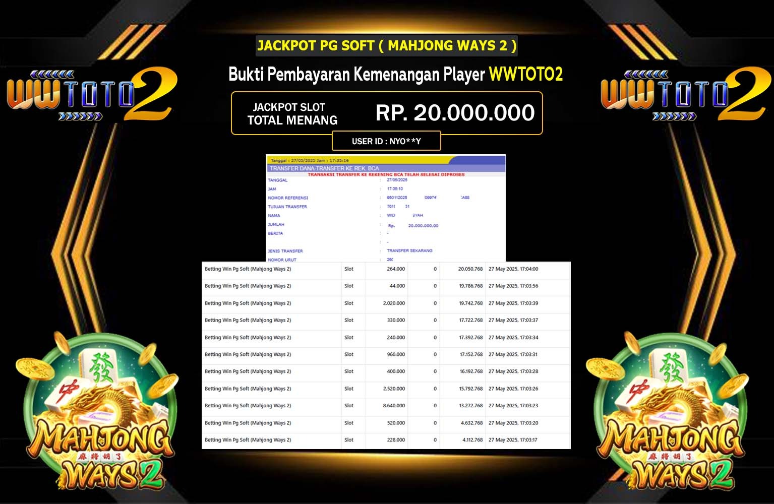 WWTOTO2 JACKPOT MAHJONG WAYS 2 Rp.20.000.000,- LUNAS