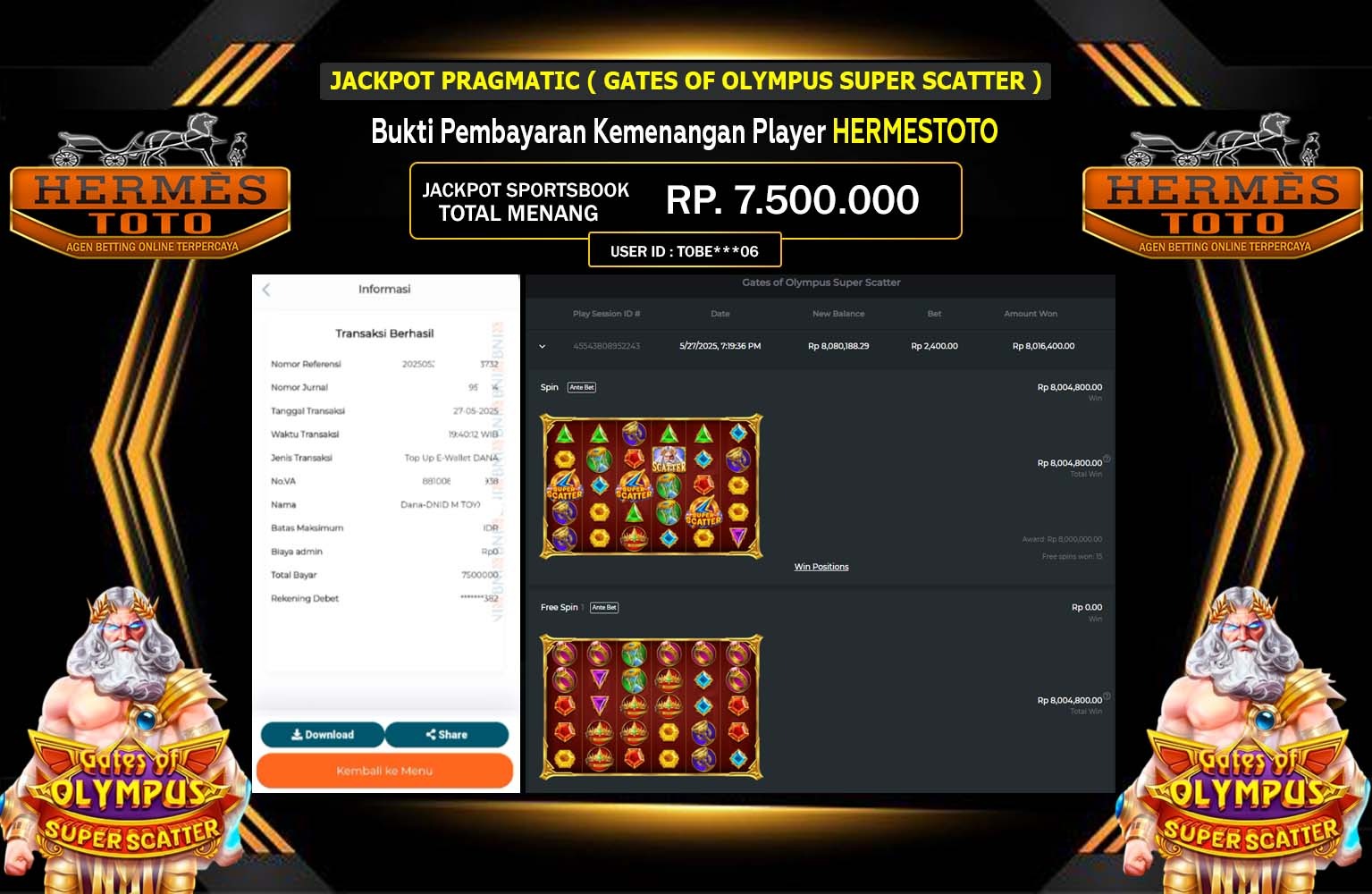 HERMESTOTO JACKPOT Gates of Olympus Super Scatter Rp.7.500.000,- LUNAS