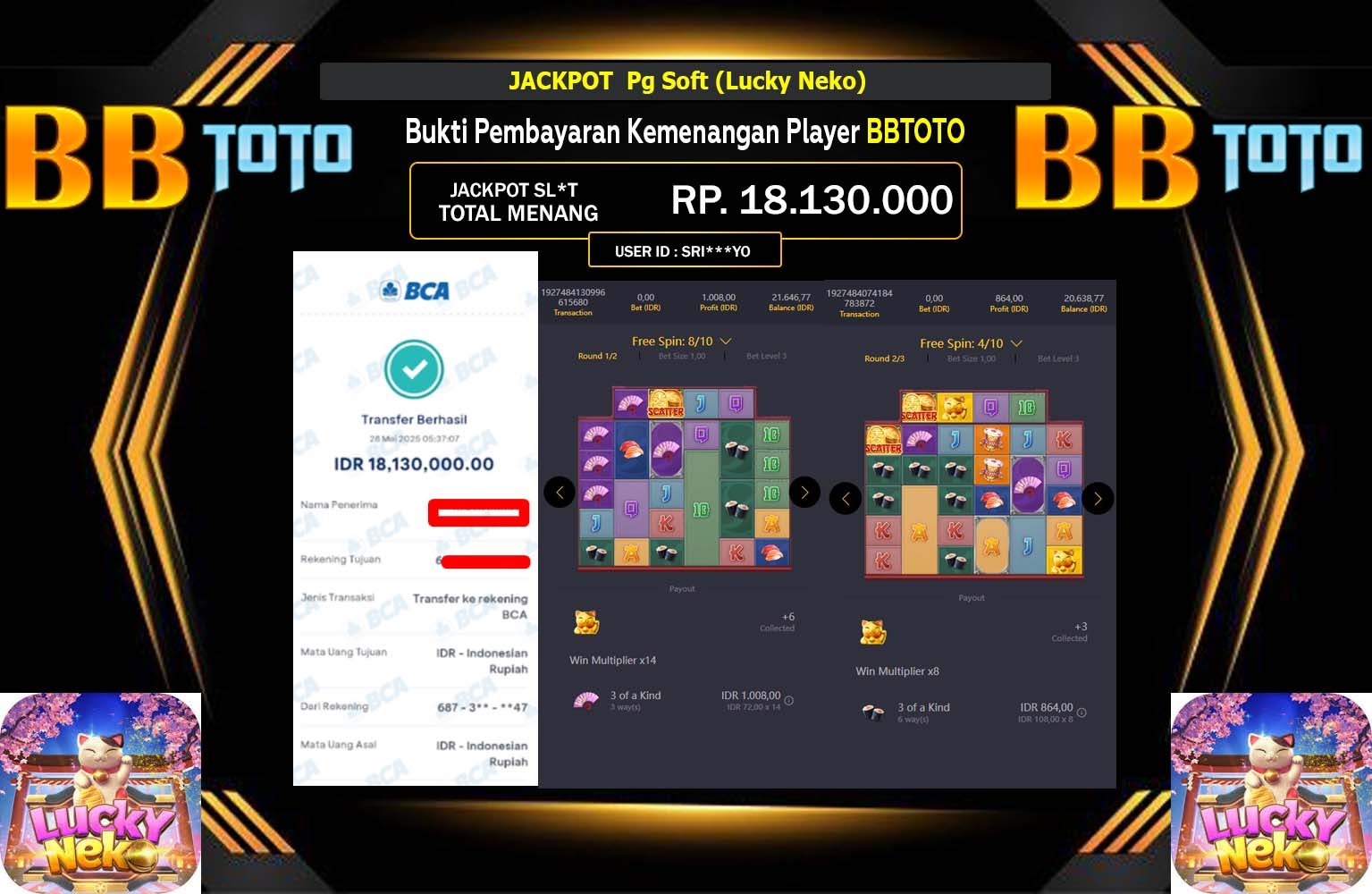 BBTOTO JACKPOT Pg Soft (Lucky Neko) Rp.18.130.000,- LUNAS