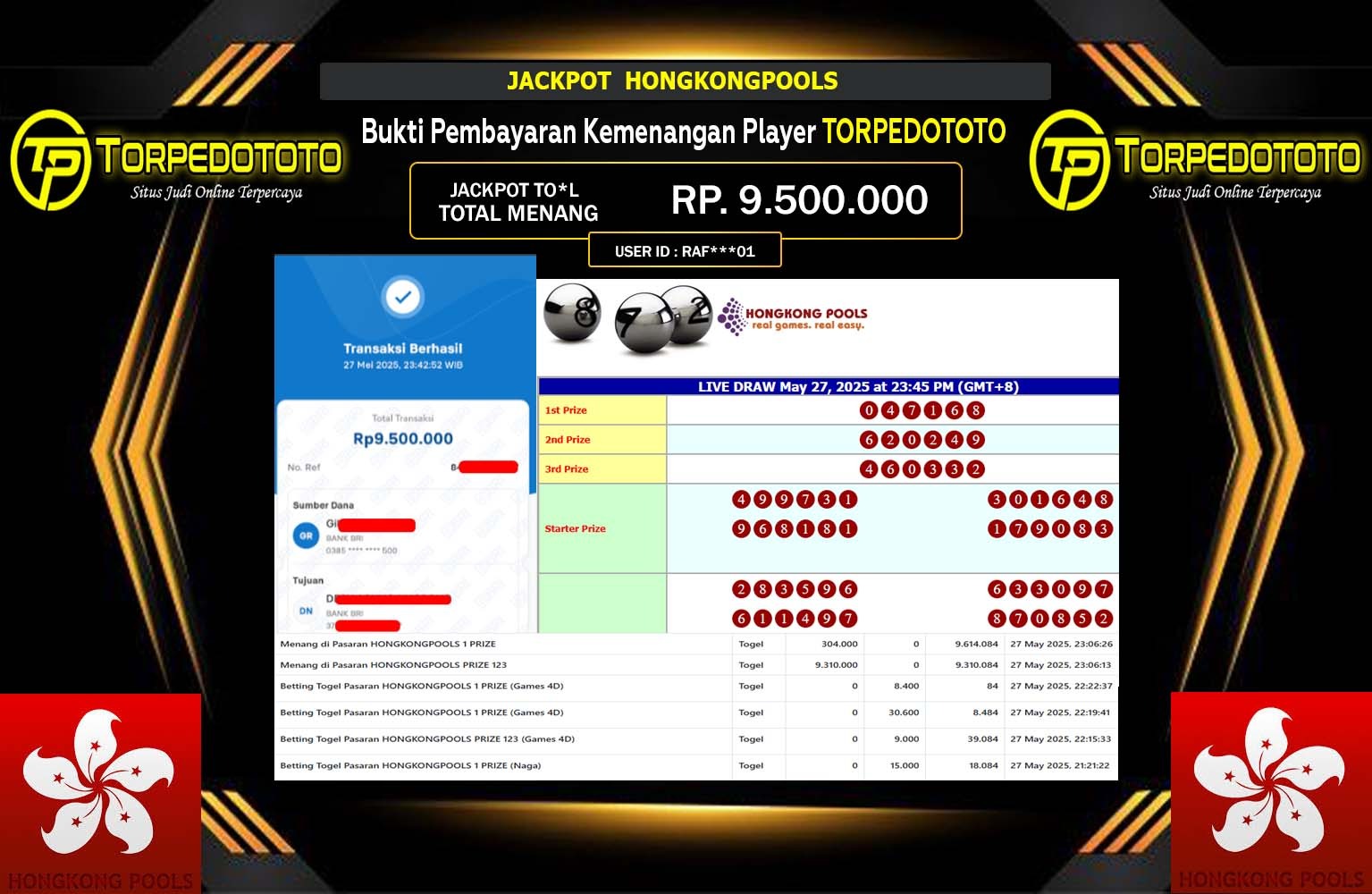 TORPEDOTOTO JACKPOT PASARAN HONGKONG POOLS Rp.9.500.000,- LUNAS