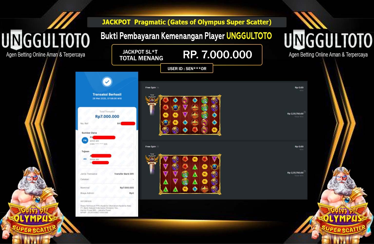 UNGGULTOTO JACKPOT Pragmatic (Gates of Olympus Super Scatter) Rp.7.000.000,- LUNAS