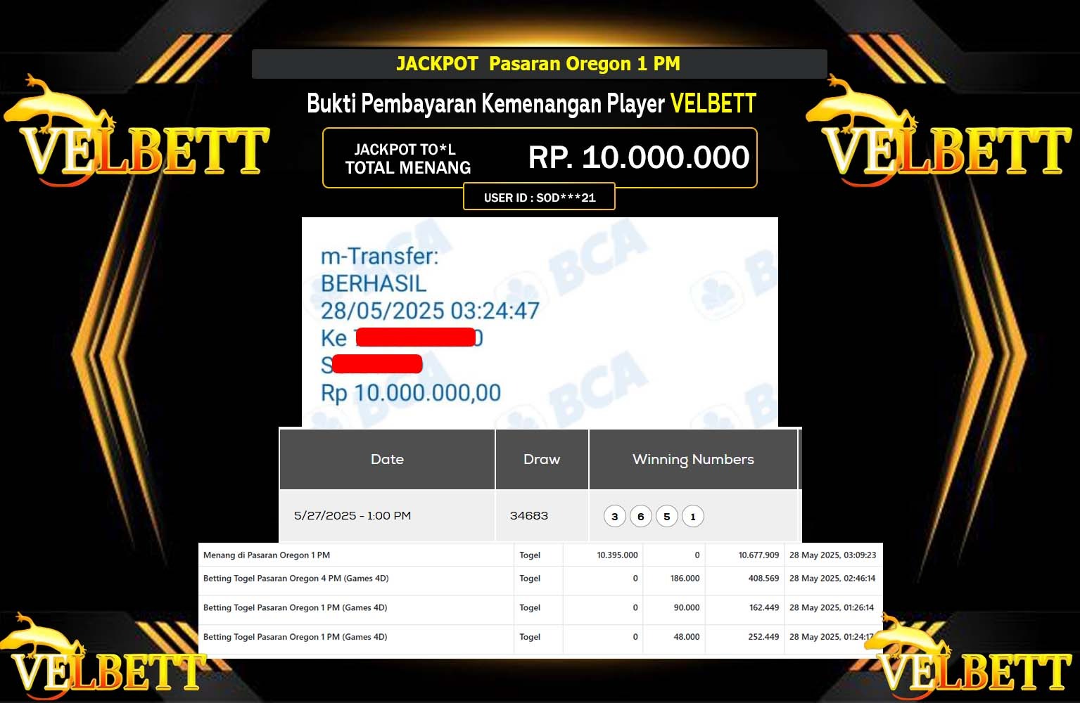 VELBETT JACKPOT Pasaran Oregon 1 PM Rp.10.000.000,- LUNAS