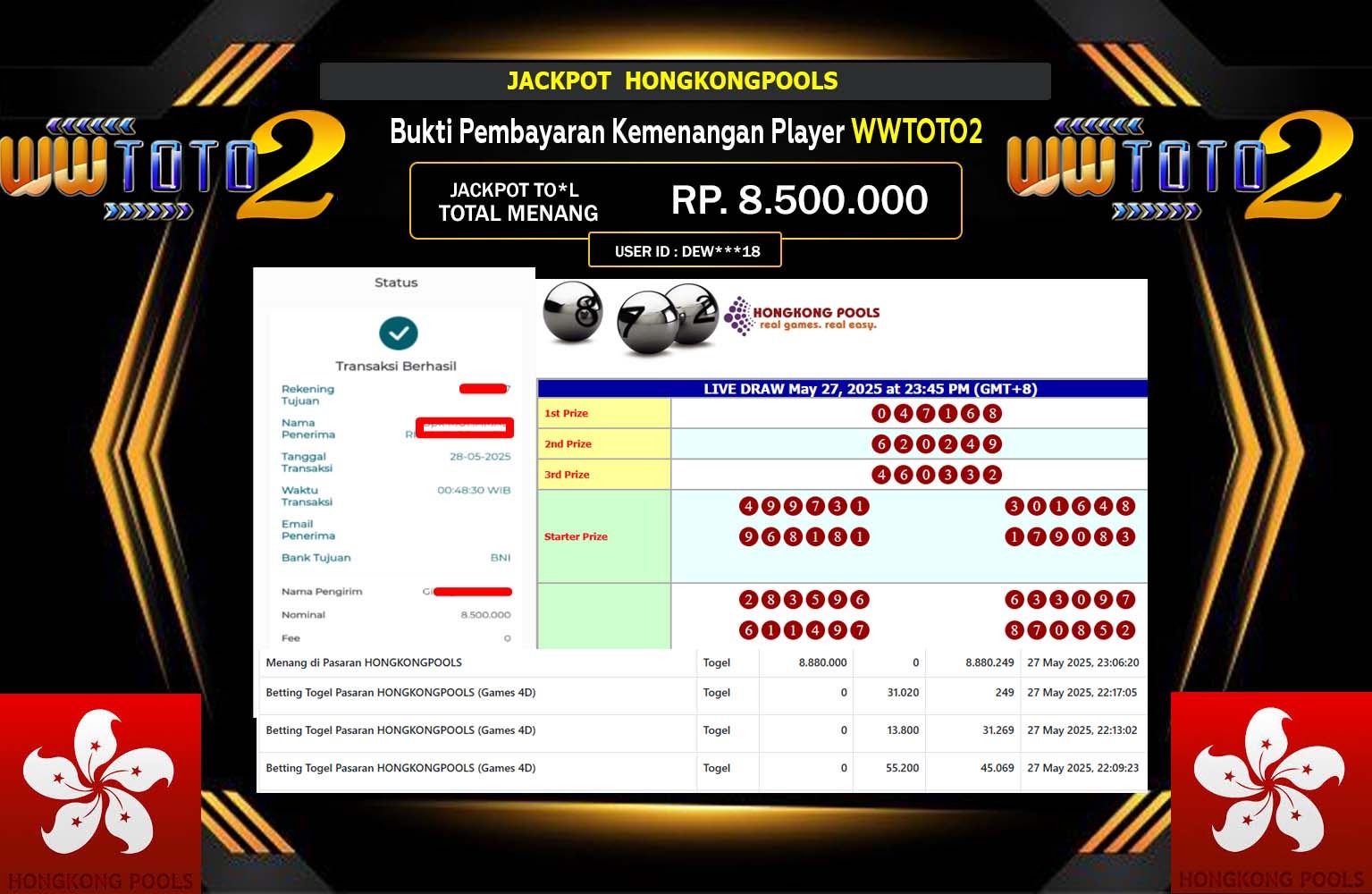 WWTOTO2 JACKPOT HONGKONG POOLS Rp.8.500.000,- LUNAS