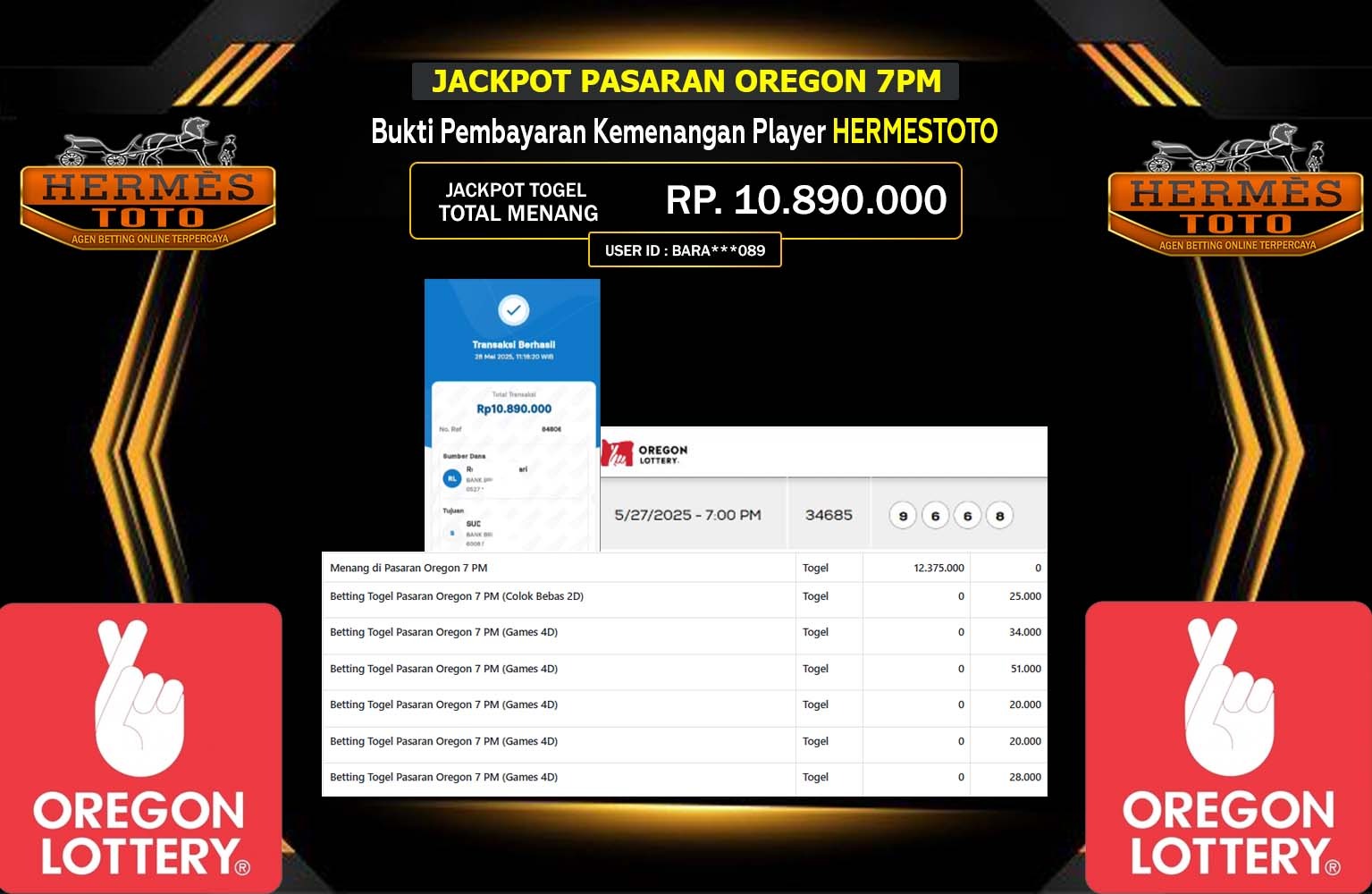 HERMESTOTO JACKPOT OREGON 7PM Rp.10.890.000,- LUNAS