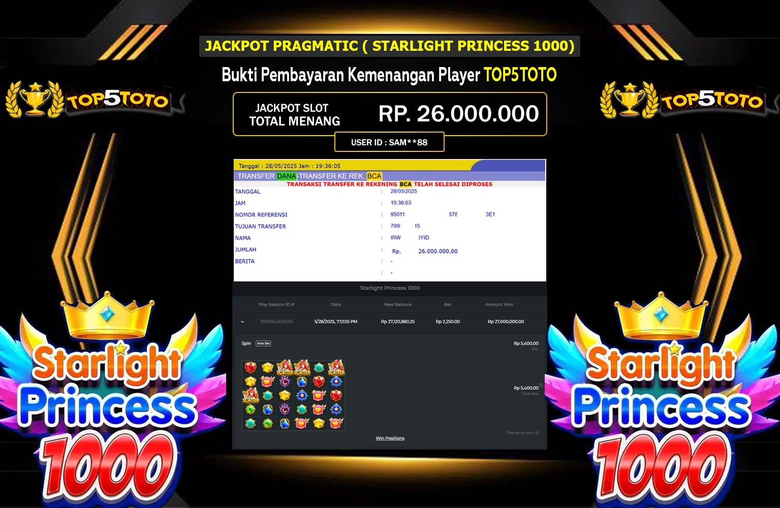 TOP5TOTO JACKPOT Pragmatic (Starlight Princess 1000) Rp.26.000.000,- LUNAS