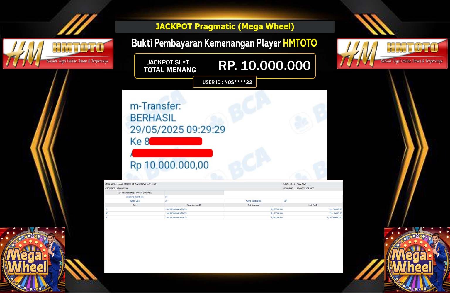HMTOTO JACKPOT Pragmatic (Mega Wheel) Rp.10.000.000,- LUNAS