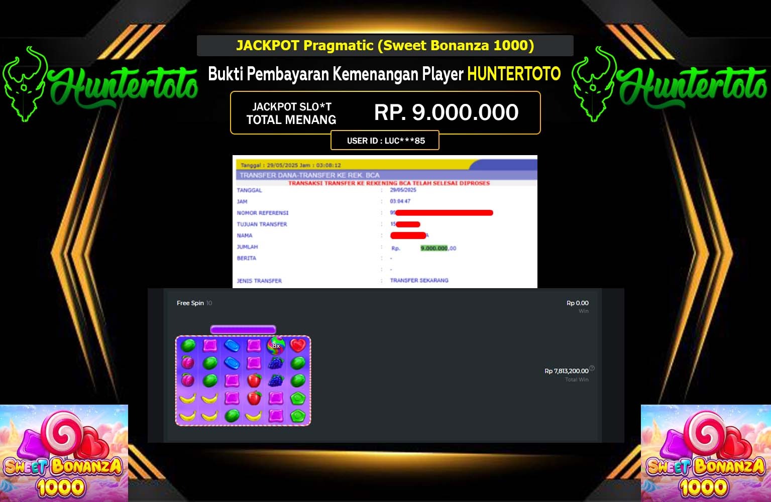 HUNTERTOTO JACKPOT Pragmatic (Sweet Bonanza 1000) Rp.9.000.000,- LUNAS