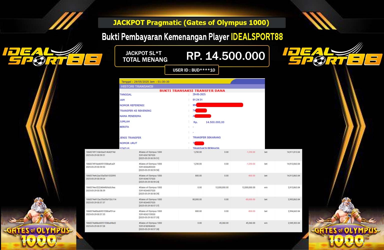 IDEALSPORT88 JACKPOT GATES OF OLYMPUS 1000  Rp.14.500.000,- LUNAS