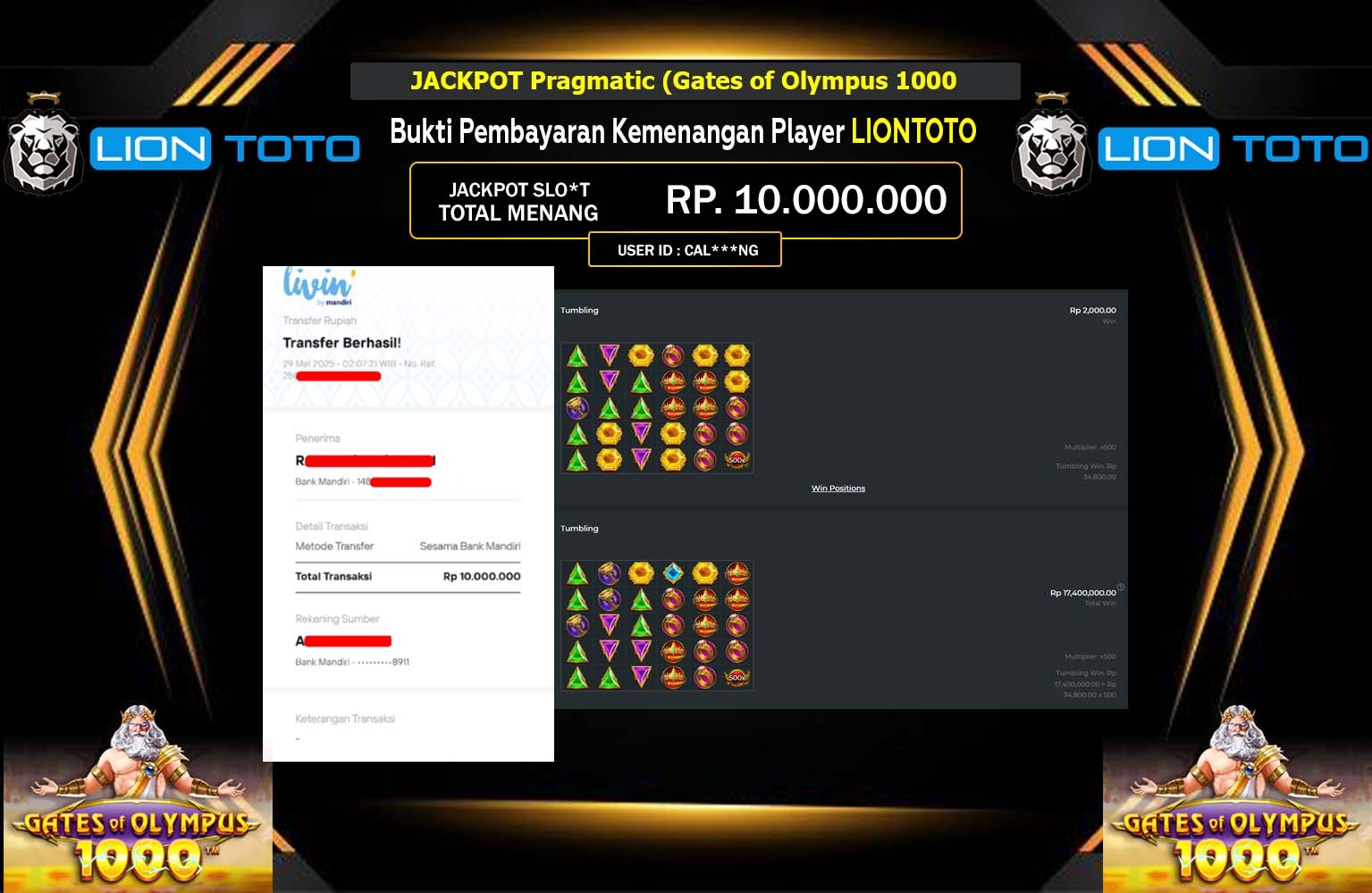 LIONTOTO JACKPOT Pragmatic (Gates of Olympus 1000)Rp.10.000.000,- LUNAS