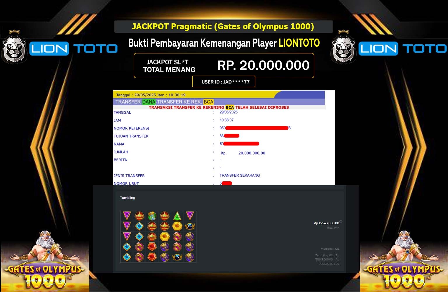 LIONTOTO JACKPOT Pragmatic (Gates of Olympus 1000)Rp.20.000.000,- LUNAS