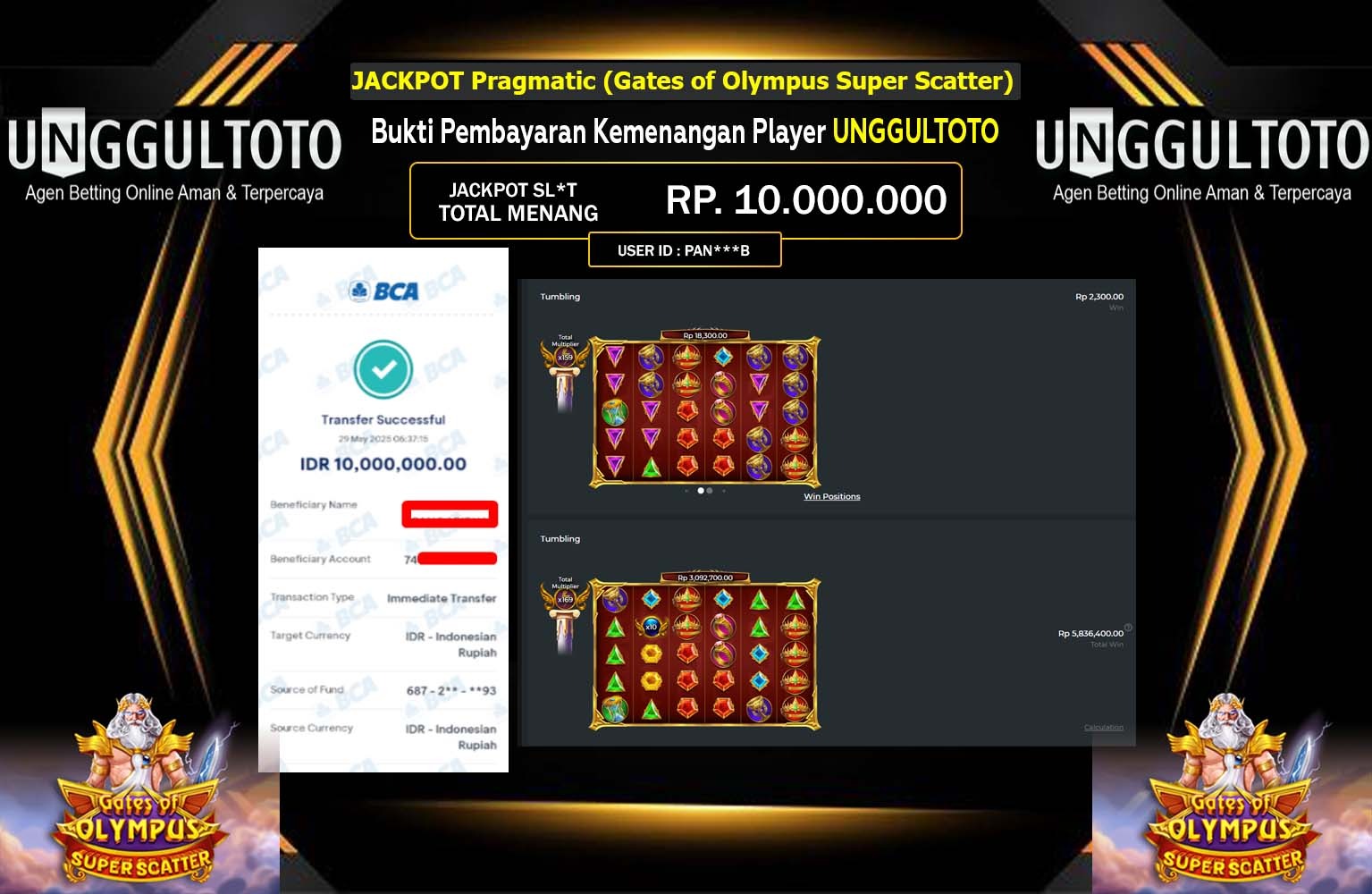 UNGGULTOTO JACKPOT Pragmatic (Gates of Olympus Super Scatter) Rp.10.000.000,- LUNAS