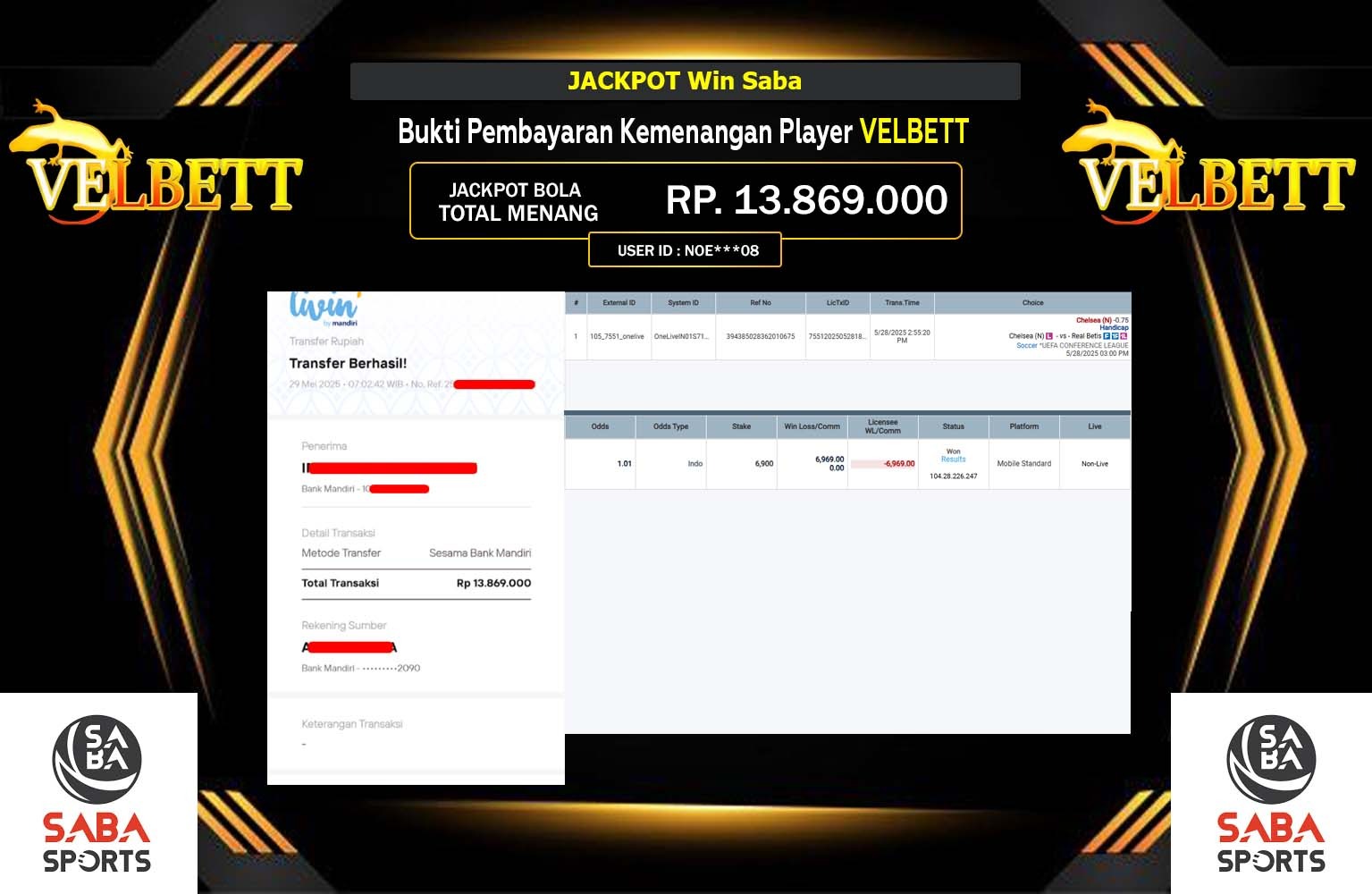 VELBETT JACKPOT SPORTSBOOK (SABA) Rp.13.869.000,- LUNAS