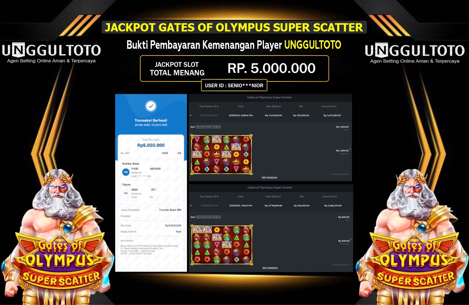 UNGGULTOTO JACKPOT Pragmatic (Gates of Olympus Super Scatter) Rp.5.000.000,- LUNAS