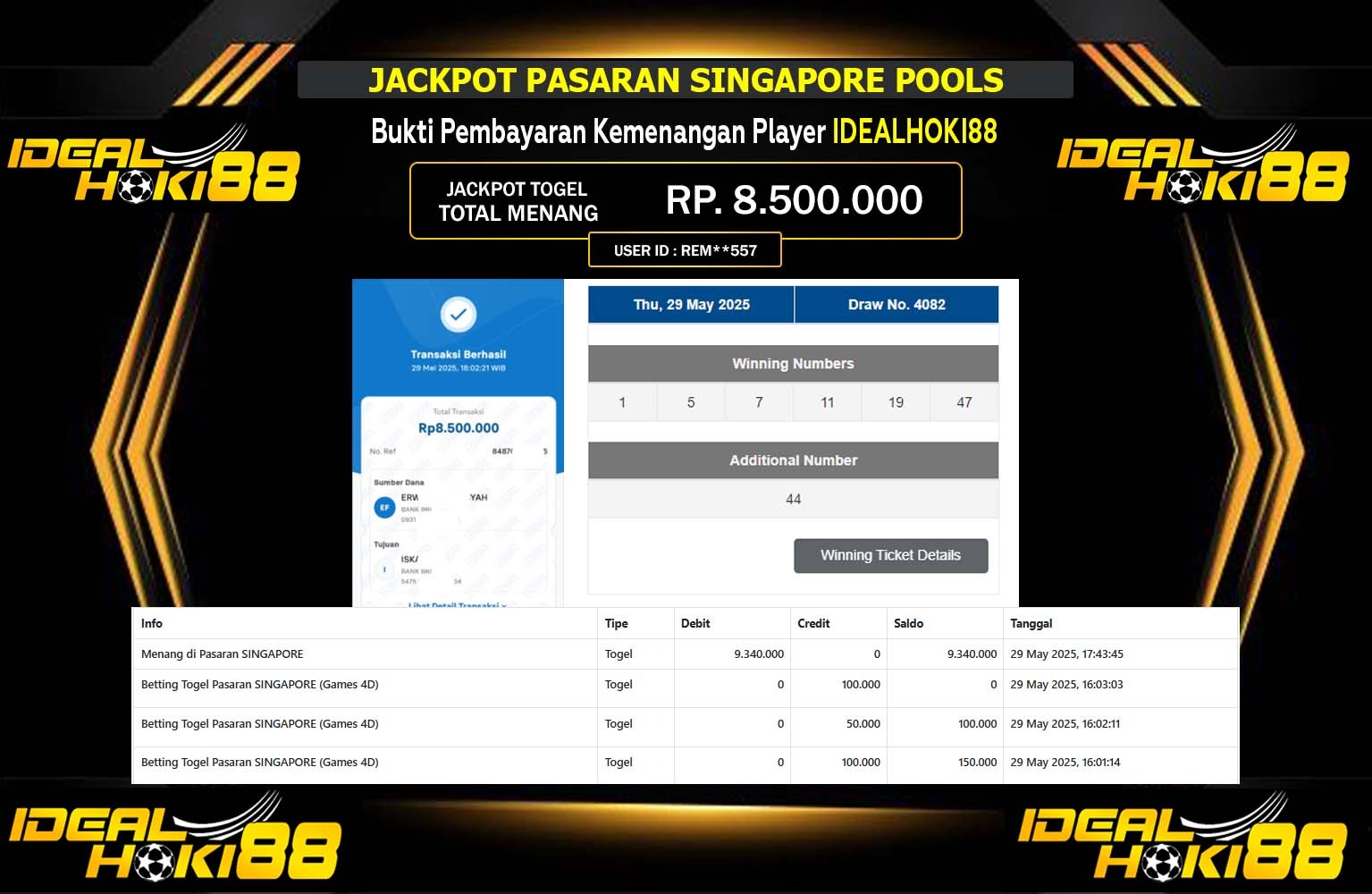 IDEALHOKI88 JACKPOT PASARAN SINGAPORE POOLS Rp.8.500.000,- LUNAS