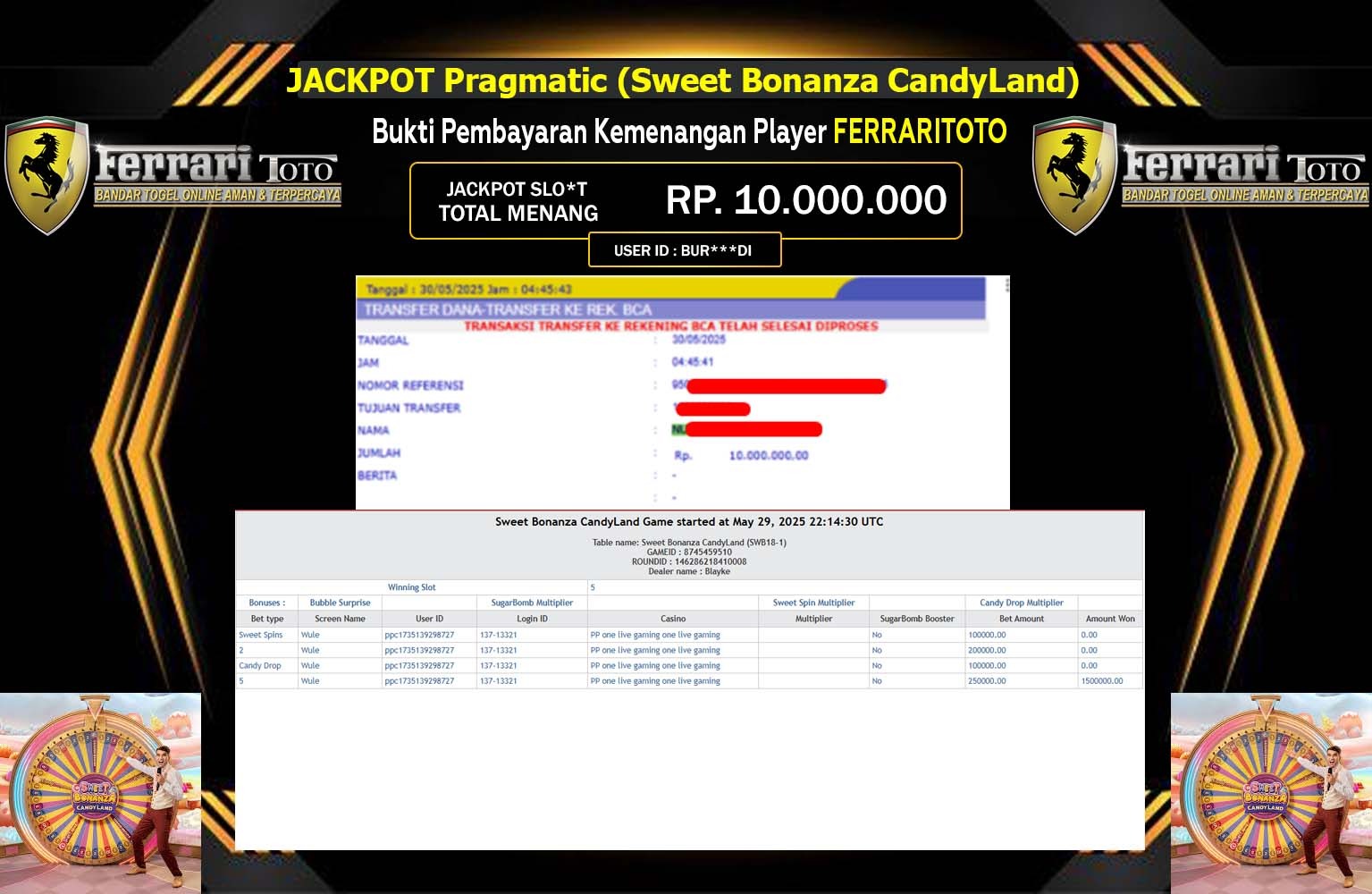 FERRARITOTO JACKPOT Pragmatic (Sweet Bonanza CandyLand) Rp.10.000.000,- LUNAS