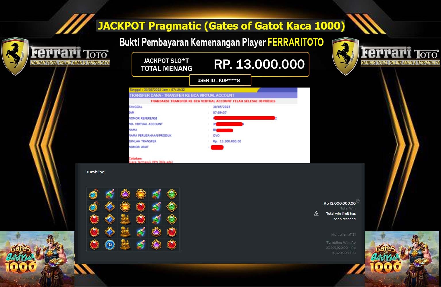 FERRARITOTO JACKPOT Pragmatic (Gates of Gatot Kaca 1000) Rp.13.000.000,- LUNAS