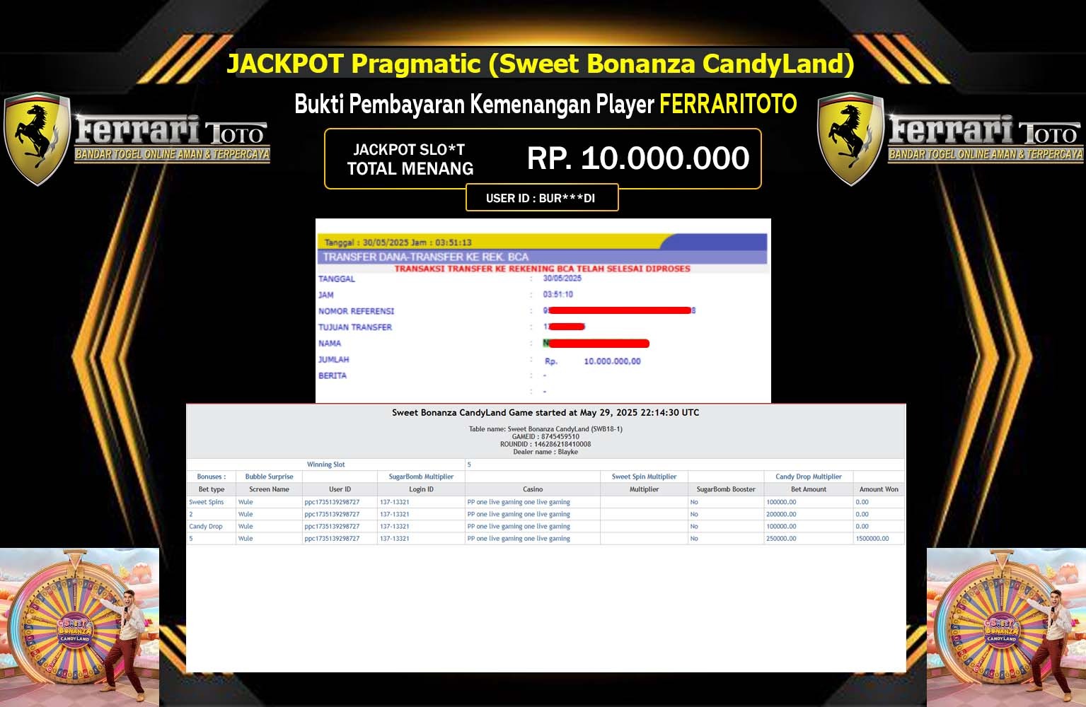 FERRARITOTO JACKPOT Pragmatic (Sweet Bonanza CandyLand) Rp.10.000.000,- LUNAS
