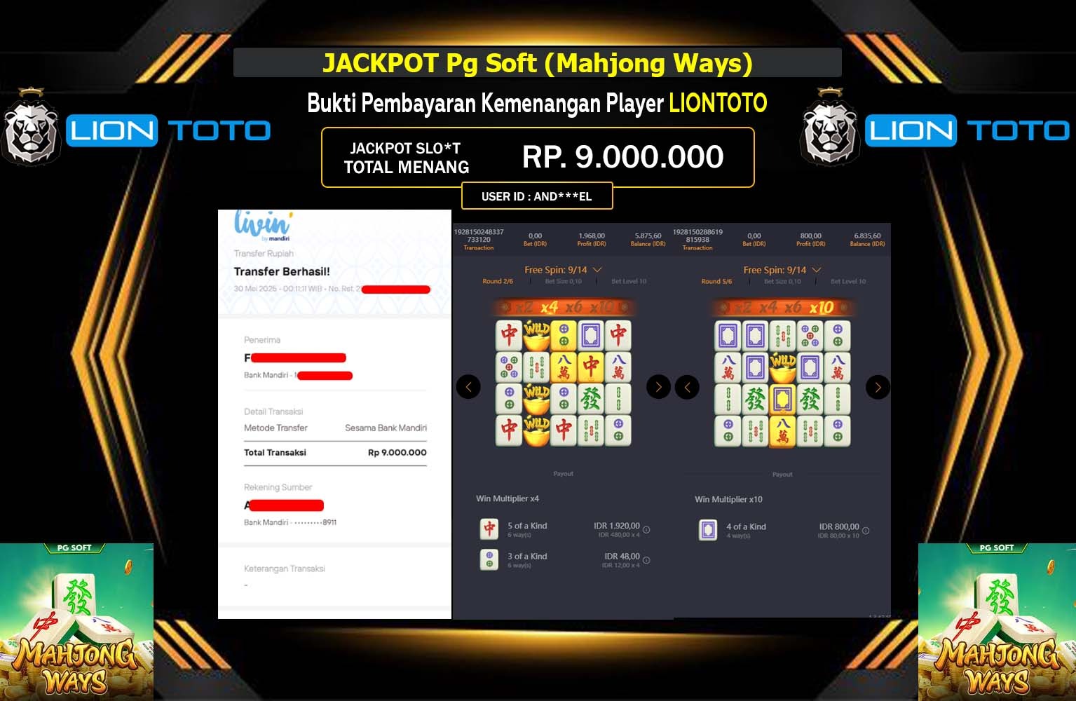 LIONTOTO JACKPOT  Soft (Mahjong Ways)  2 Rp.9.000.000,- LUNAS
