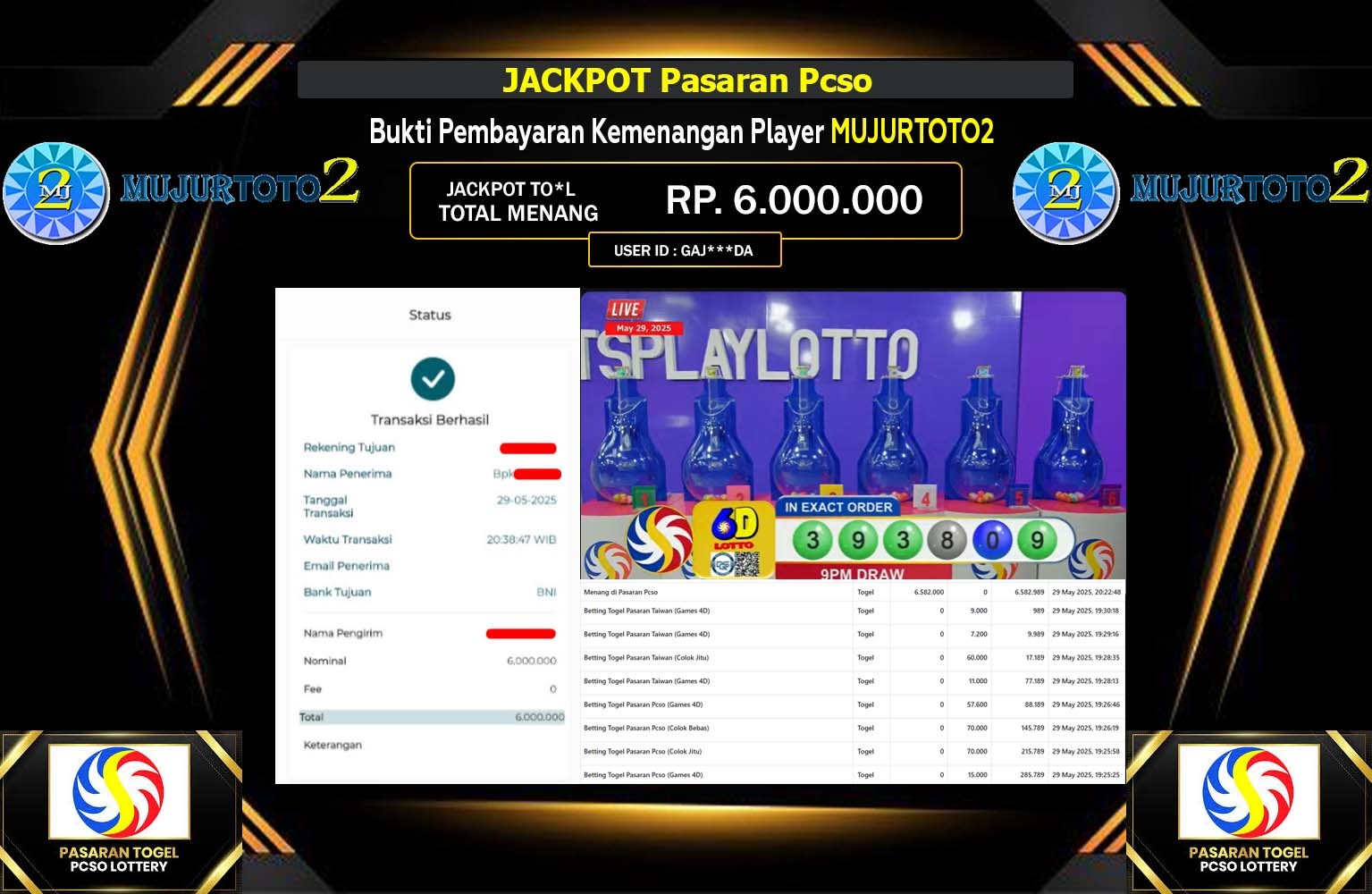 MUJURTOTO2 JACKPOT PCSO  Rp.6.000.000,- LUNAS