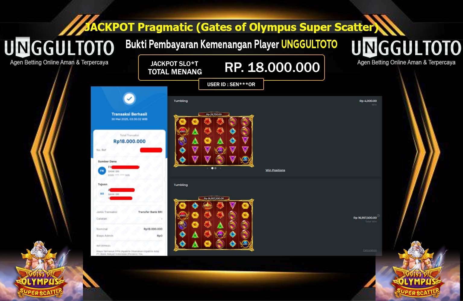 UNGGULTOTO JACKPOT Pragmatic (Gates of Olympus Super Scatter) Rp.18.000.000,- LUNAS