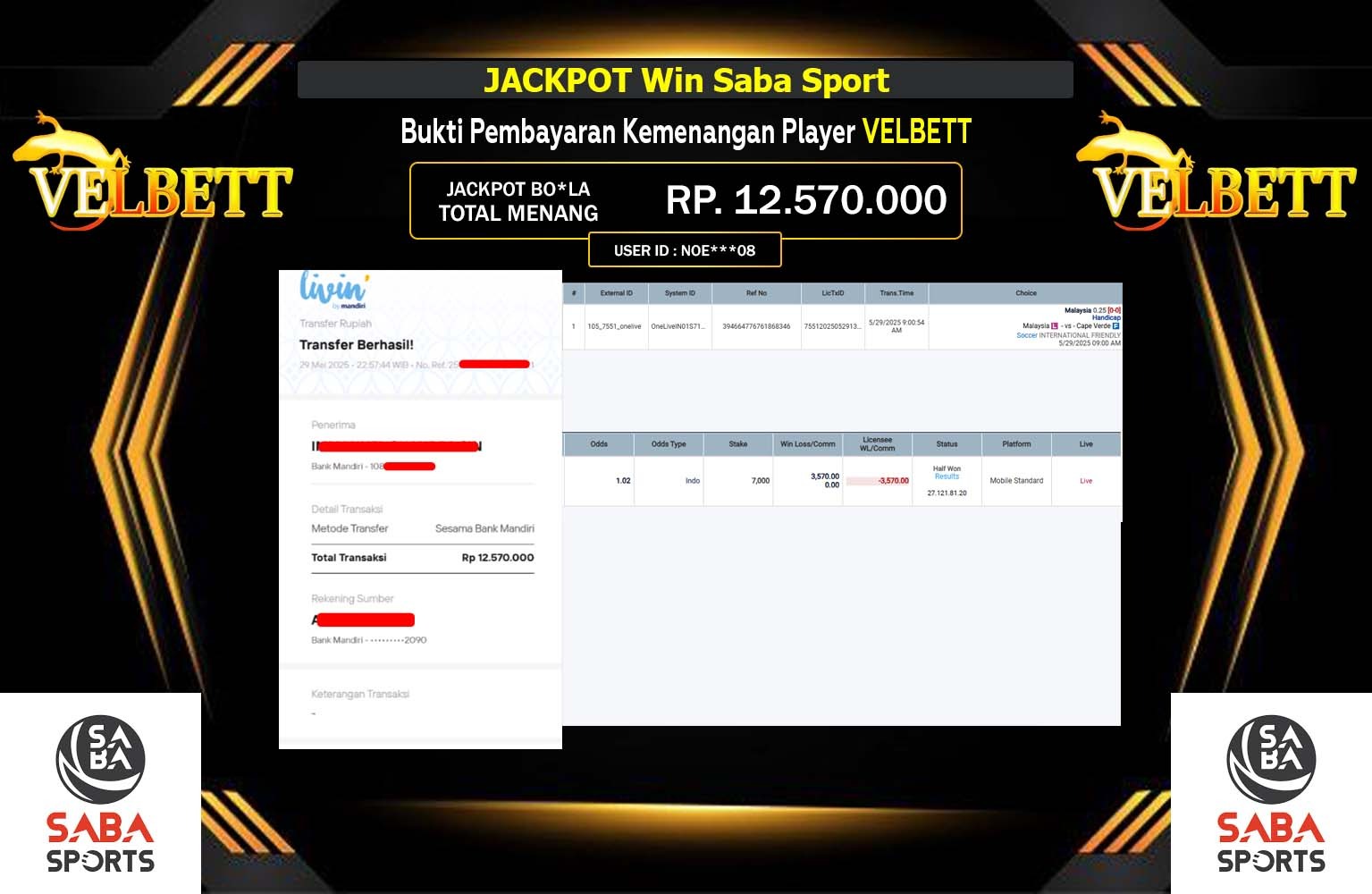 VELBETT JACKPOT SABA SPORT Rp.12.570.000,- LUNAS