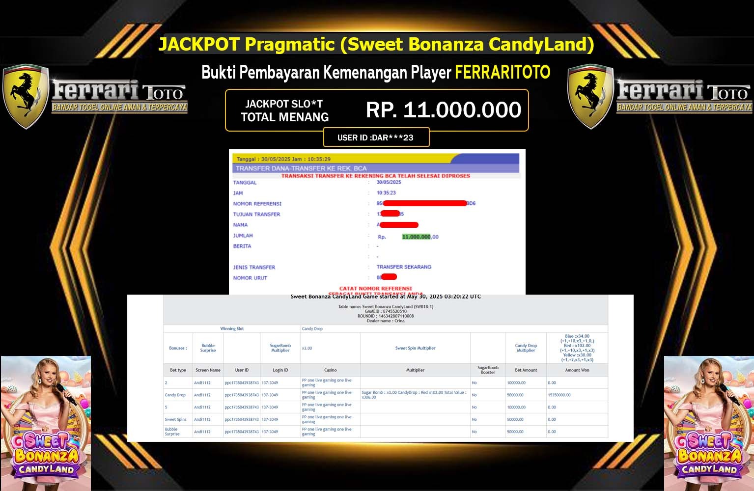 FERRARITOTO JACKPOT SWEET BONANZA CANDYLAND Rp.11.000.000,- LUNAS
