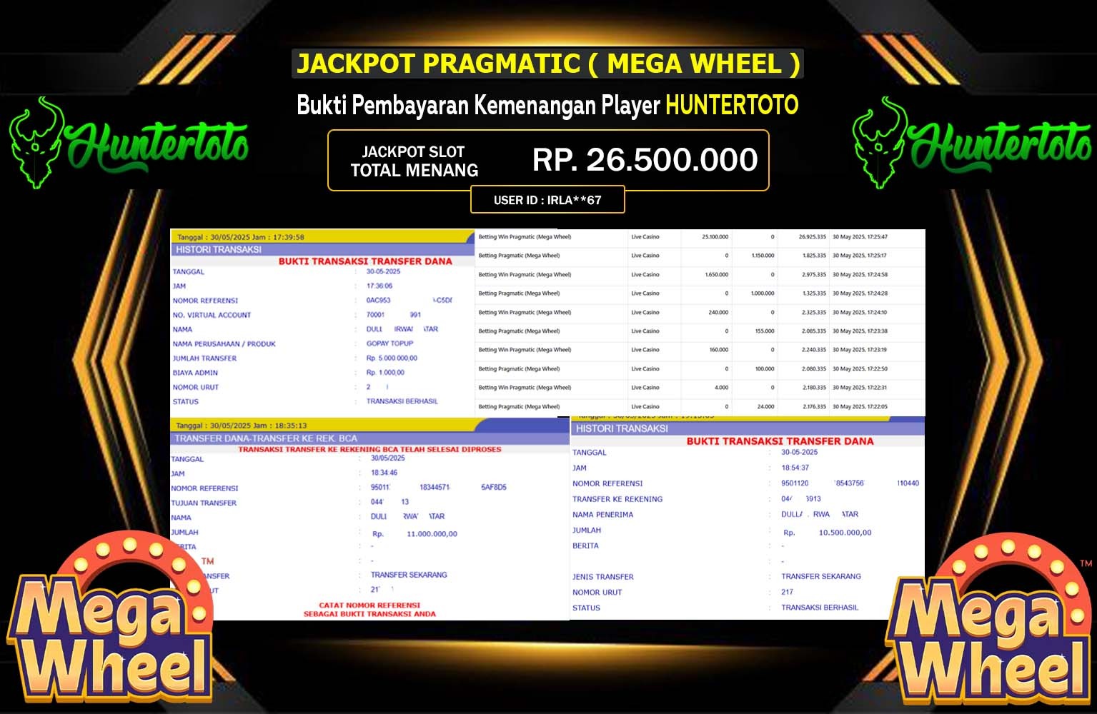 HUNTERTOTO JACKPOT Pragmatic (Mega Wheel) Rp.26.500.000,- LUNAS